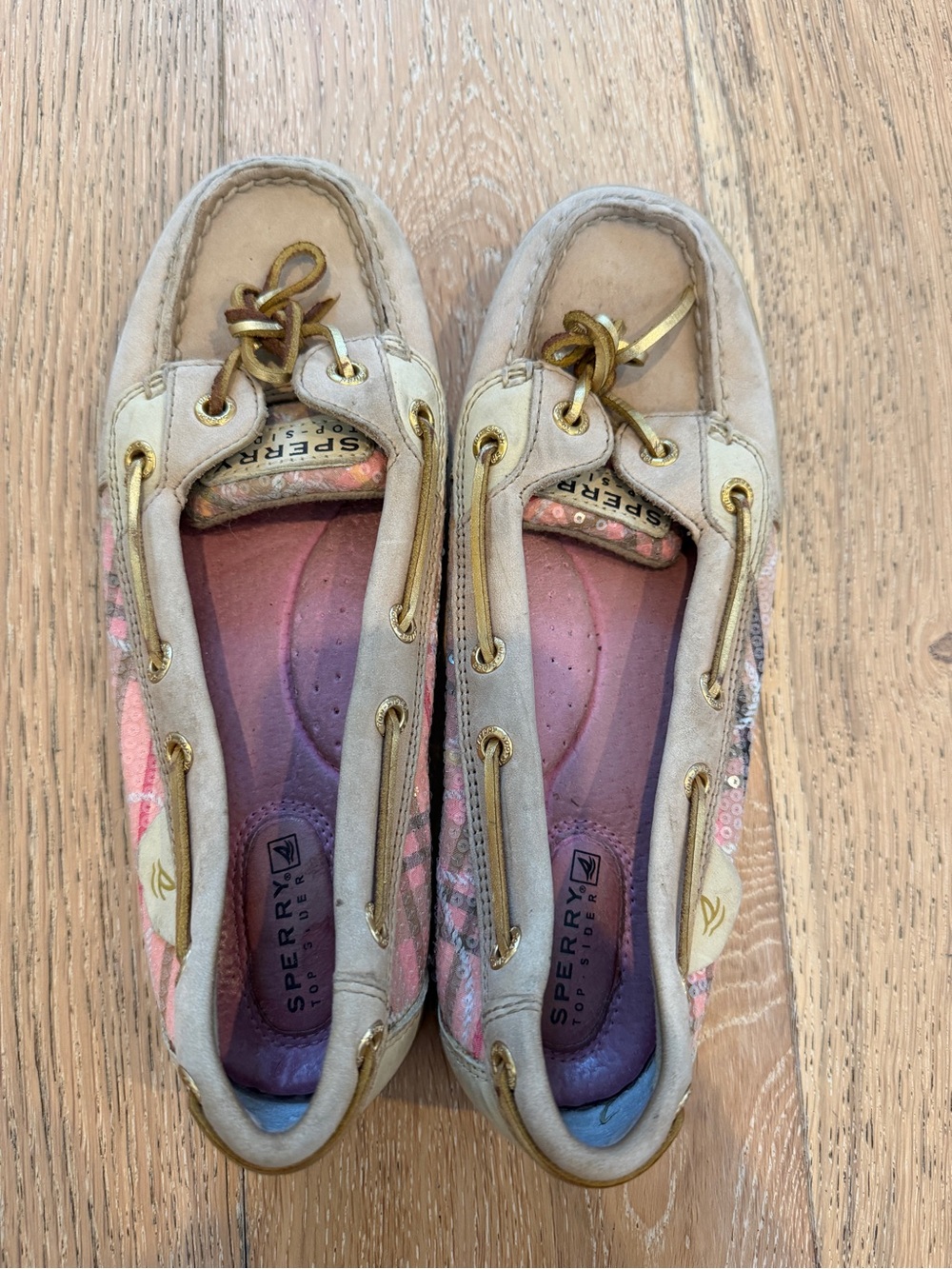Sperry Beige and Pink Patterned Moccasin Boat Shoes